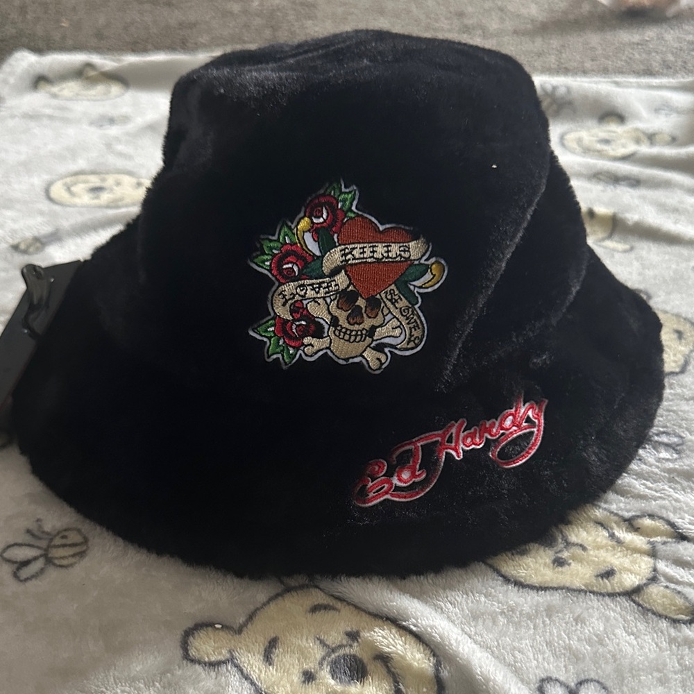 Ed Hardy Black Hat with Skull and Rose Design